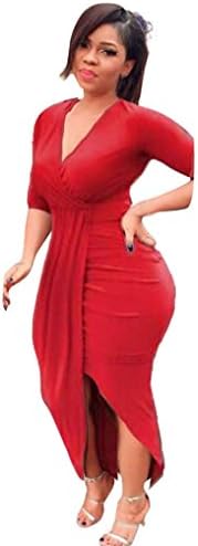 Kimloog Wrap Dress, Women V Neck 3/4 Sleeve Ruched Bodycon Long Maxi Dresses Split Front Sheath Sundress