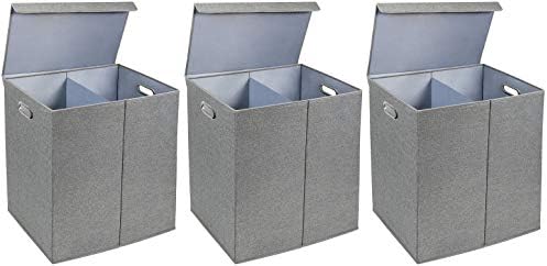 Greenco Nonwoven Foldable Double Hamper Laundry Sorter with Divider, Removable Cover Magnetic Lid Closure, Build in Side Carrying Handles – Gray (Pack of 3)