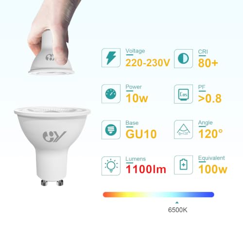 GY GU10 LED Bulbs, 10W 1100 Lumens, Non-Dimmable, 100W Incandescent Equivalent, 6500 Kelvin Cool White, 120° Beam Angle, Energy Saving, Pack of 12