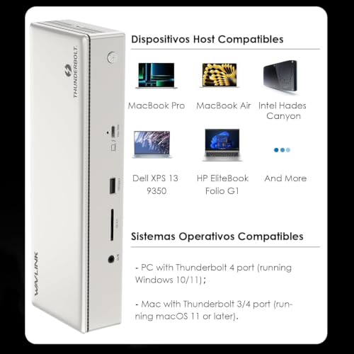 WAVLINK Thunderbolt 4 Docking Station 15-in-1, 96W PD, Single 8K/Quad 4K Display Docking Station with 2 DP/2 HDMI, 4 Thunderbolt 4 Ports, 4 x USB A, 2.5 GbE, SD, Audio/Mic, Compatible with MacBook Pro