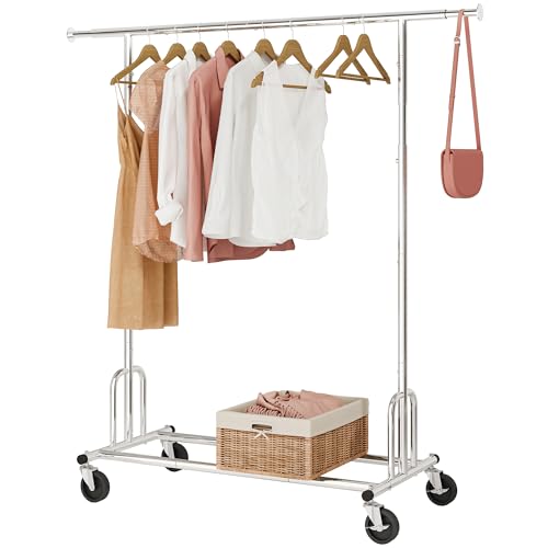 Tajsoon Heavy Duty Clothes Rack Foldable Garment Rack with Wheels and Extendable Rod, Freestanding Clothing Rack for Hanging Clothes, Adjustable ＆ Collapsible Rolling Racks with Bottom Shelf, Chrome