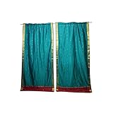 2 Indian Silk Sari Curtains Door Drape Green Home Decor 84x44