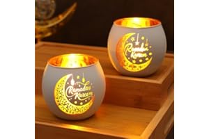 2 Pcs Ramadan Kareem Glass Candle Holder, White Moon Hollow Pattern Tealight Votive Candle Holder, Tabletop Centerpiece Decor