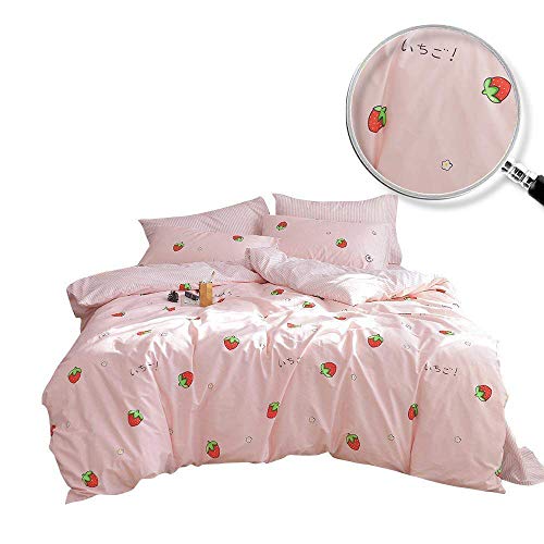 XUKEJU 100% Coton Bedding Bedroom 3 pcs Sets with 2 Envelope Pillowcase, Soft Duvet Cover for Kids/Teens/Adults Hidden Zipper Quilt Cover Printed Strawberry Full/Queen