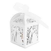 SHZONS 50pcs Couple Design Lase Cut Party Wedding Favor Ribbon Candy Boxes Gift Box Table Decorations, White