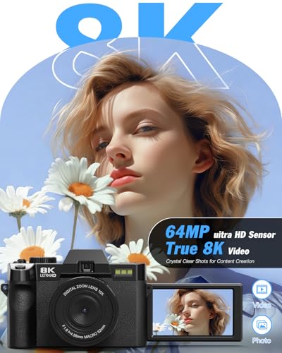 8K Digital Cameras for Photography, 64MP Vlogging Camera with 180°Flip Screen，2 Batteries, 32GB TF Card，16X Zoom, WiFi, 3 Color Filters,Microphone, Tripod, Wide & Macro Lens Kit (Black)