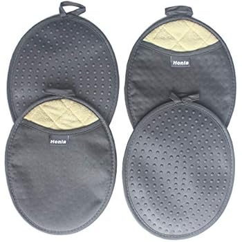Honla 4 Piece Oval Pot Holders with Pockets,Heat Resistant to 500 F,Flexible Non Slip Silicone Grip Hot Pads,Grey