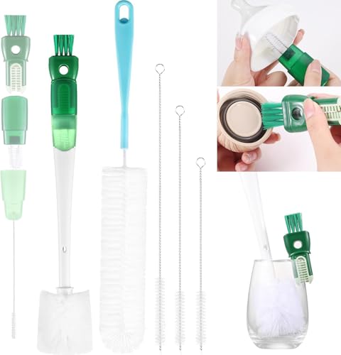 WINCHEERS Kit de 5 Cepillos Limpiabotellas 5 en 1 - Cepillo para Botellas con Mango Largo - Incluye 3 Cepillos para Pajillas, Cepillo para Tetinas Extraíble y Cepillo Detallador para Ranuras de Tapas