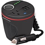 SUNGOLDPOWER Black 150W DC 12V AC 110V 120V Car Cup Holder Power Adapter Power Inverter With Dual USB 2.4A + Car Cigarette Lighter Socket + AC USA Outlets (Peak 300W)