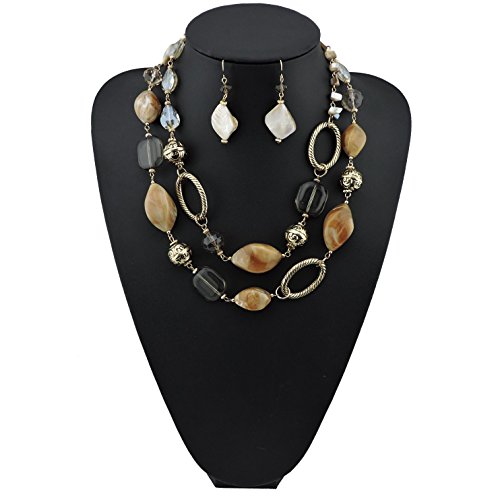 BOCAR 2 Strand Statement Choker Shell Necklace and Earring Set for Women Gift (370)