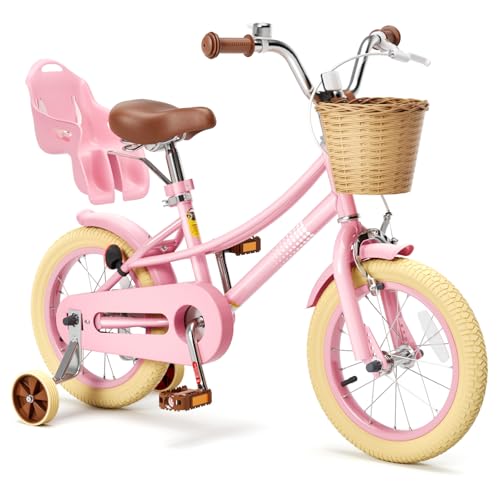 Glaf Toddler Girls Bike for Kids Age 2-12 Years Old 12 14 16 20 Inch Girls Bike with Training Wheels and Doll Seat Kids Bicycle with Basket Adjustable Seat