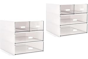 FAMULEI 2PCS Desk Storage, Makeup Storage Box With 4 Drawers, Cosmetic Storage Organizer, Plastic Office Stationery Supplies 