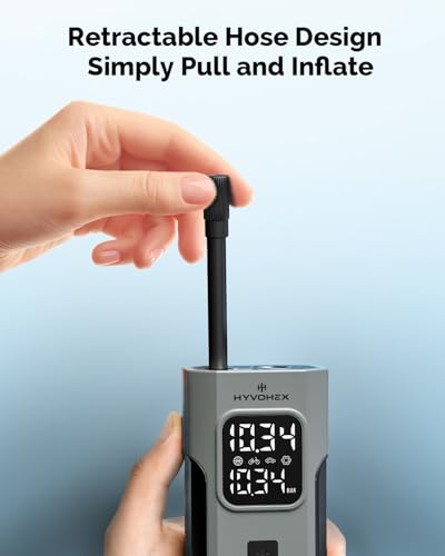 HYVOHEX Car Tyre Inflator Air Compressor,1 Min Fast Inflation Cordless Bike Pump with Digital Pressure Gauge,10.34 Bar Portable Air Pump with LED Light for Car Tyres, Motorcycle,Bicycle,Ball