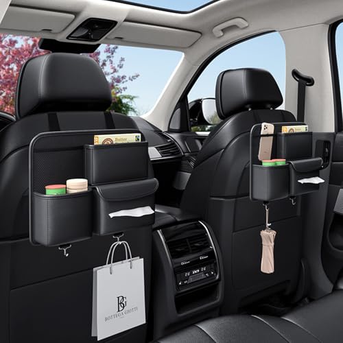 TERRIFI Leather Car Backseat Organizer - Hanging Seat Storage Bag for Snacks, Drinks, Toys, Magazines - Keeps Car Clean and Tidy - Essential Travel Accessories, Black