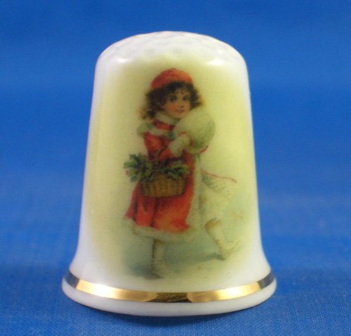 Porcelain China Collectable Thimble -- Christmas Walking in the Snow with Free Gift Box