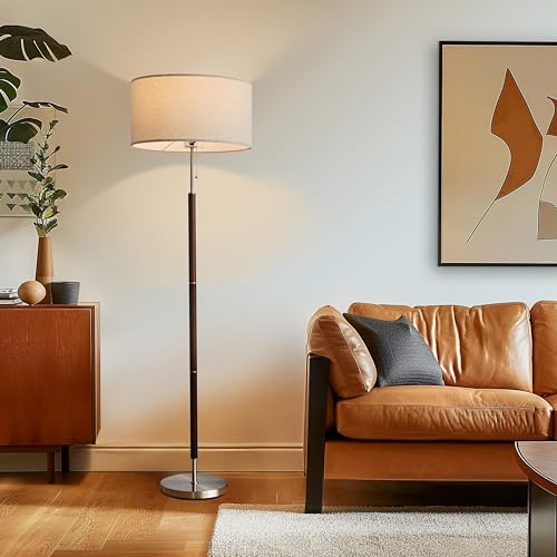 Brightech Carter LED Floor Lamp, Drum Shade with Walnut Wood Finish, Great Living Room Décor, Mid-Century Light for Living Rooms & Offices, Mid Century Modern Lamp for Bedroom