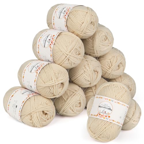 Aeelike 600G(12X50G) Amigurumi Wolle 5Ply Baumwolle Zum Häkeln, Häkel- &Amp; Strickgarn Zum Stricken, Häkeln Und Kunsthandwerk, Häkelgarn Baumwolle Set, Khaki Weiß