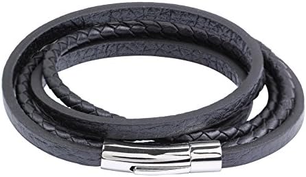 JUSNOVA Mens Womens Black Braided Leather Bracelet Stainless Steel Magnetic Clasp Wrap Cuff Bracelet