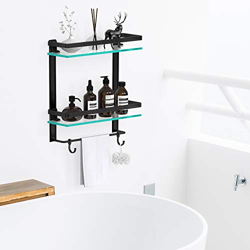 Vdomus Tempered Glass Bathroom Shelf, 2 Tier Shelf with Towel bar Wall