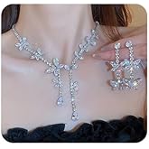 Wiwpar 2PCS Crystal Rhinestone Butterfly Bridal Wedding Necklace Earrings Set Silver Bow Butterfly Pendent Collar Tassel Chain Choker Necklace and Earrings Set for Party Costume Dressy Accessory