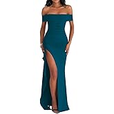 LAGSHIAN Women's Elegant Bodycon Off Shoulder Sleeveless High Split Ruched Long Formal Evening Dress