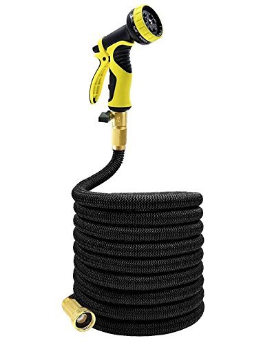 Podura Expandable Garden Hose 25Ft with Solid Brass Connector 9-pattern Nozzle for Watering Plants,Showering Pets,Cleaning Patio - Black