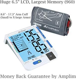 Amplim Best Fully Automatic Upper Arm Blood Pressure Monitor Plus Universal Cuff (Small – X-Large Arms) IFT Digital Heart Rate & BP Machine. Huge 6.5” LCD, 960 Memory, Dual Alarms -2019