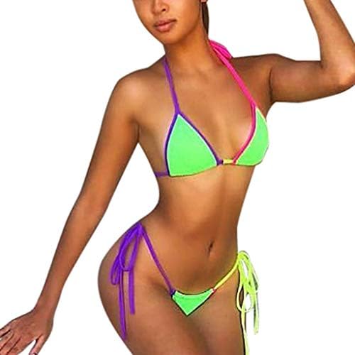 Women's Two Piece Colorful Thong Bikini Set String Swimsuit (Green, L)