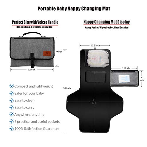 Portable Changing Pad - Baby Diaper Mat - Lightweight Travel Diaper Station Kit with Front Wipe Pocket & Built-in Pillow Large Waterproof Mat (Grey) - Thumbnail 5