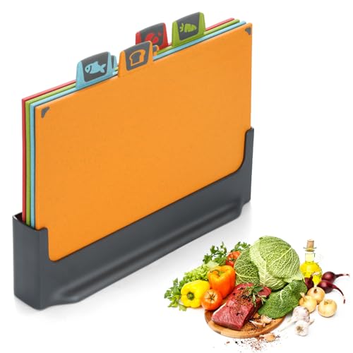 BEWOS 4 Colour Coded Chopping Boards Set, Wheat Straw Cutting Board, Reversible Chopping Board with Stand, Non-Slip Feet Chopping Boards for Kitchens, Juice Grooves & Dishwasher Safe