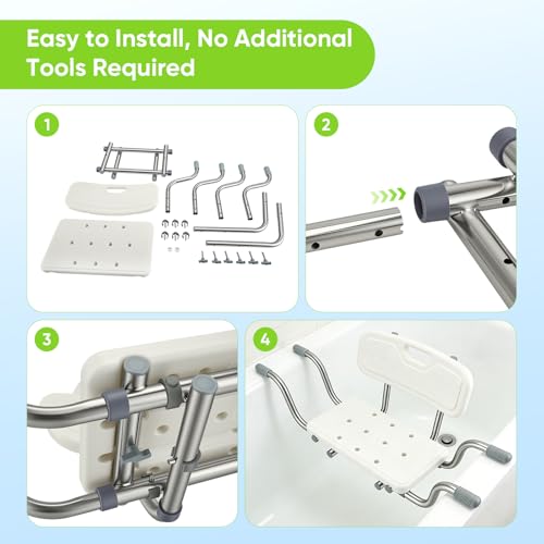 Bathtub Seat for Elderly, Non-Slip Shower Stool with Backrest, Adjustable Width 77-87 cm, Load 150 kg, with Non-Slip Silicone Pads and Handles, White
