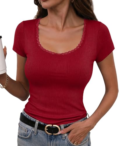 Short Sleeve T-Shirt Women Summer Square Neck T Shirt Knit Ribbed Fitted Top Elegant Cotton Elegant Solid Lightweight Casual