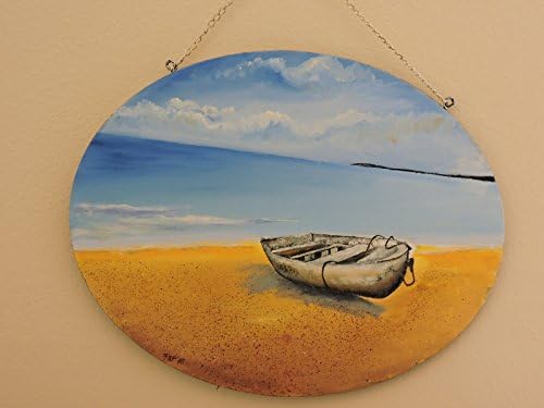 Rowboat on the beach in oval wood frame. Original oil