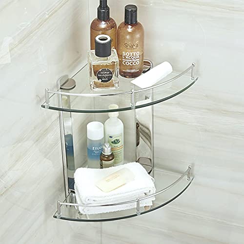 Bathroom Shelves,2 Tier Glass Shelves Wall Mounted with Stainless Steel Bracket,Corner Shower Shelf to Hold Seasoning Bottle/Liquid Soap/Shampoo Bottle(Radius: 9.8\'\')