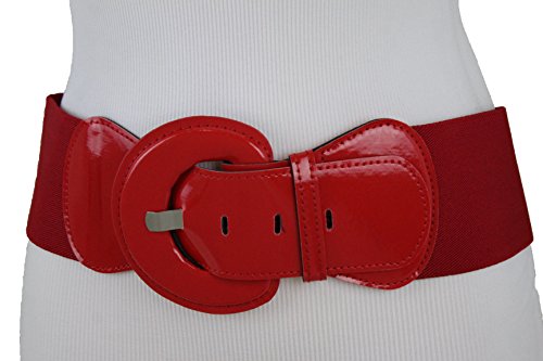 TFJ Women Fashion Belt Hip High Waist Wide Elastic Waistband Round Buckle M L XL Red
