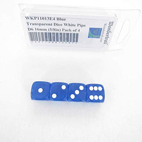 Blue Transparent Dice with White Pips Rounded Corners D6 16mm (5/8in) Pack of 4 Wondertrail