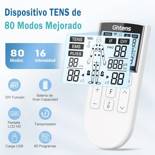 Estimulador Muscular Profissional 5 em 1, 80 Modos de Estimulação Recarregáveis, Com Função TENS/EMS/RUSS/IF/DIY e Massagem, 2 Canais, 16 Intensidade, Para Alívio da Dor (Branco)