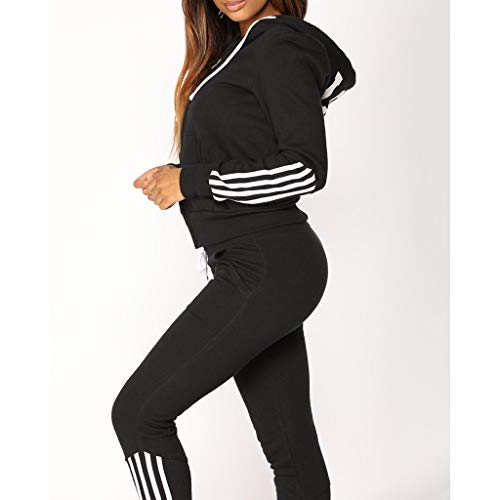 WUAI Two Piece Outfits for Women, Casual Hoodies Stripe Sport Suits Active Top Bottom Sets Sweatshirt Pant (Black,Large)