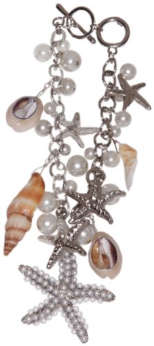 Imitation Sea Shell Starfish Imitation Pearl Silvertone Charm Bracelet, 8+.5" Ext.