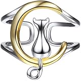 SILVERCUTE Cat on the Moon Open Ring Adjustable Cute Kitten Sterling Silver Ring