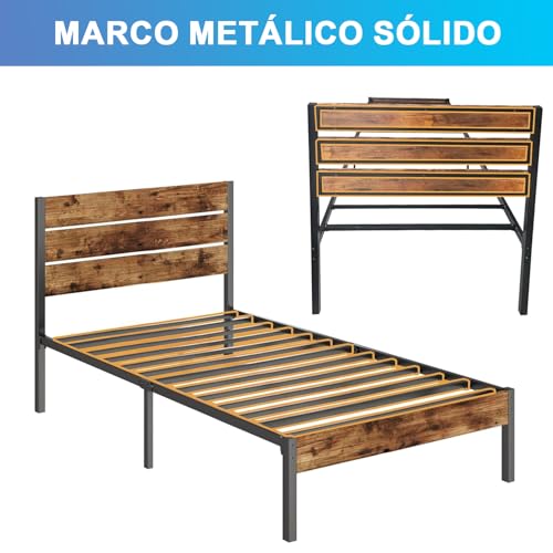 Marco de Cama Individual con Cabecera y Pie de Cama, Base de Cama con Cabecera Individual Espacio de Almacenamiento Debajo de Cama, Base Cama con Sistema de Soporte Totalmente de Metal, Fácil Montaje
