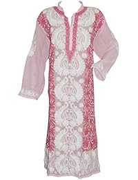 Women's Tunic dress - Pink Floral Embroidered Georgette Indie Caftan Dress xxxL