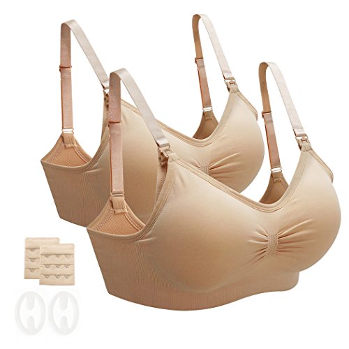 MOVWIN Full Bust Seamless Nursing Maternity Bras Bralette in One-Hand Access, Breastfeeding Bra with Extra Bra Extenders & Clips (L Fit 36BC 34CD 38AB, 2 Beige) - Thumbnail 6