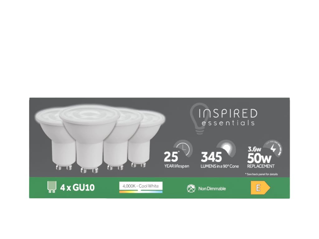 Inspired Essentials LED GU10 Spotlight Bulb 3.6W (50W Replacement) - Pack of 4 LED Bulbs (Cool White, 50W Equivalent Non Dimmable)
