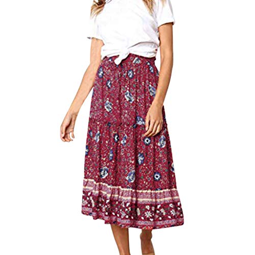 VICCKI Women's Bohemian Floral Printed Elastic Waist A Line Long Maxi Skirt Red