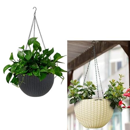 Antier (Black and Beige) 2 pcs Round Plastic Resin Chain Basket Hanging Planter Hanging Flowers and Plants,Growers