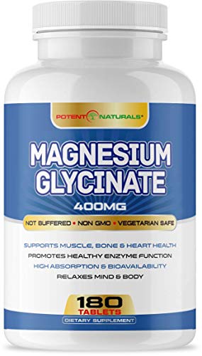Potent Naturals Magnesium Glycinate 400mg 180 Tablets | Helps with Stress, Sleep, Nerves, Muscle Cramps, Pains, Joint & Heart Health | Non-Laxative, High Absorption | Non GMO, Soy and Gluten Free
