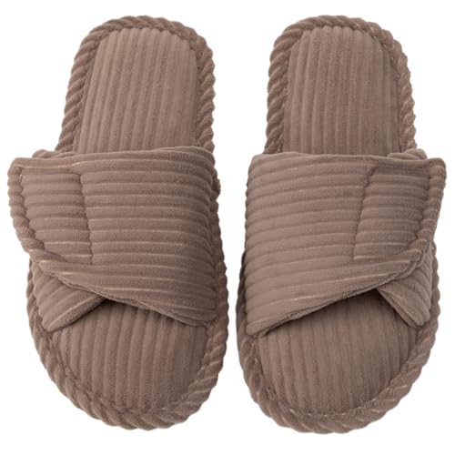 Enteer Women's Adjustable Corduroy Slippers - Open Toe Memory Foam House Shoes with Hook and Loop Closure, Non-Slip Indoor Outdoor Slides for Custom Fit Light Brown US9-10 at Amazon