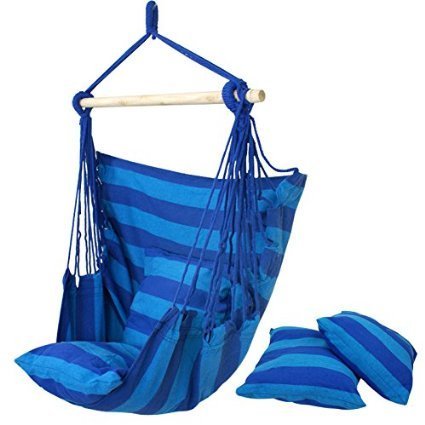 ZENY Hanging Rope Chair - Swing Hanging Hammock Chair - Porch Swing Seat - with Two Cushions - Max.265 Lbs (Blue)