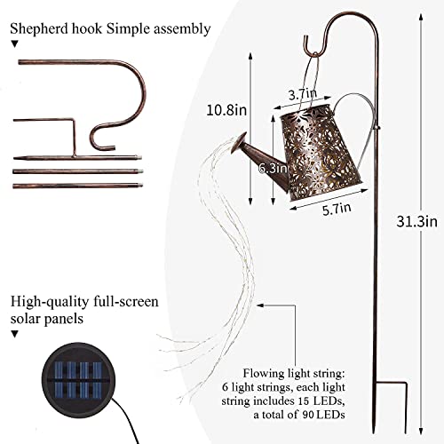 Solar Watering Can Lights with Light String 90 LEDs Lantern Iron Waterproof Perfect for Hanging Outdoor Pathway Garden Flower Decor with 32 inch Shepherd Hook (‎Cool White)